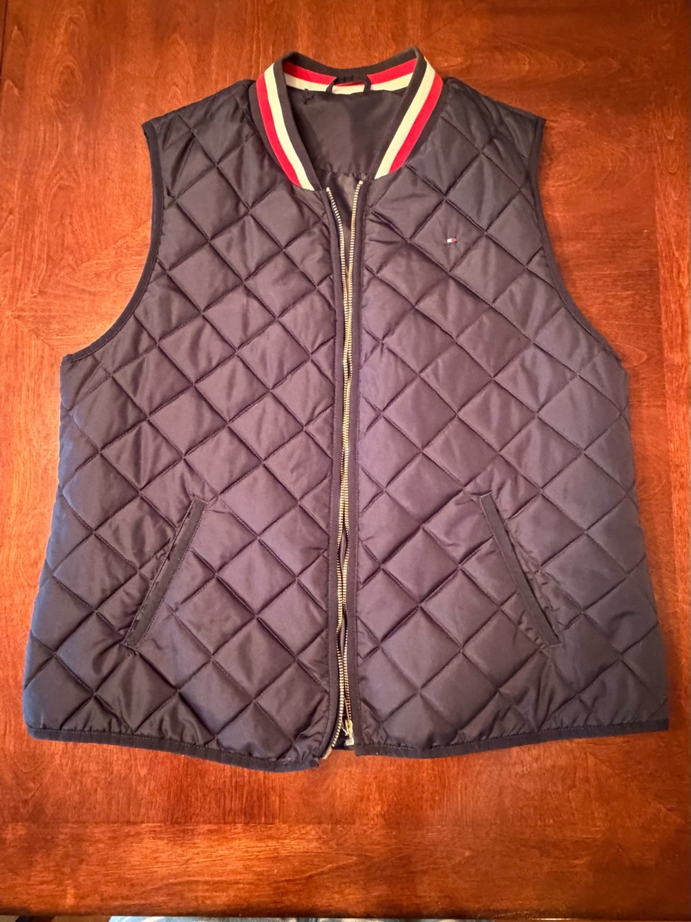Tommy Hilfiger Quilted Navy Sleeveless Vest with Signature Stripe Collar